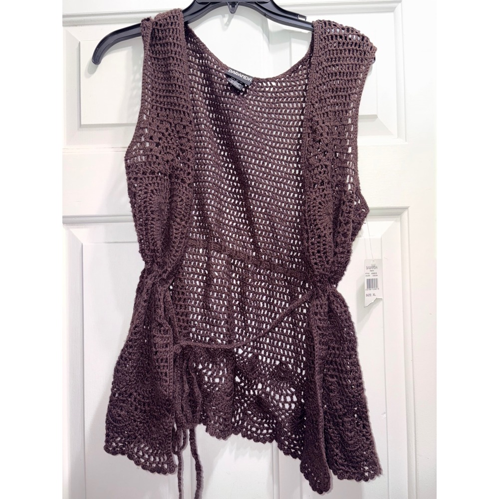 Baranda Fiesta Women XL Cocoa Brown Crochet Vest Open Knit Scalloped Hem NWT